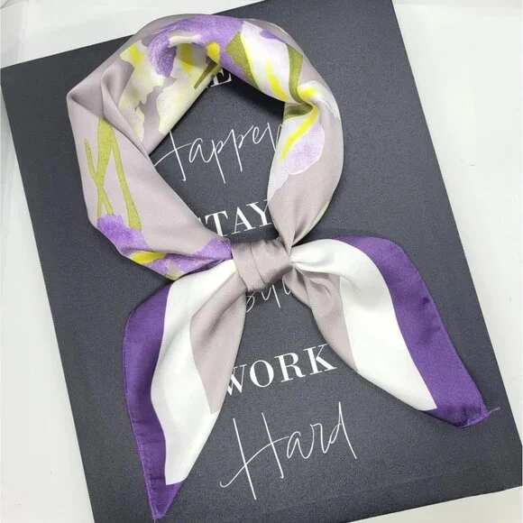 Floral Elegant Women Scarf Bandana Green Purple Vintage Silk Appaerance Top - Picture 1 of 6